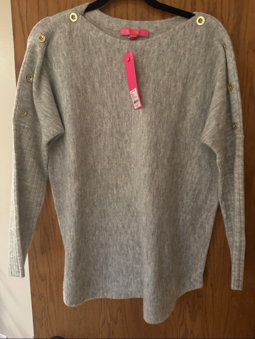 Lilly Pulitzer Light Gray Crewneck Sweater with Gold Buttons